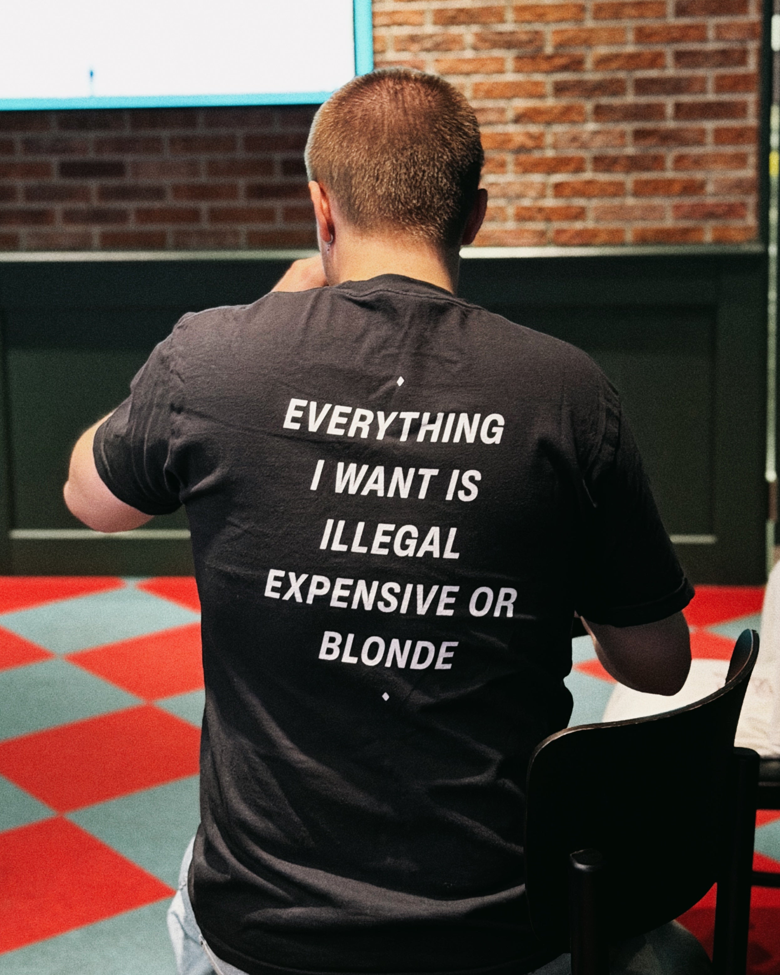 LessSaid "Everything I Want is Illegal, Expensive, or Blonde" humorous graphic T-shirt showing bold text on a black fabric background.