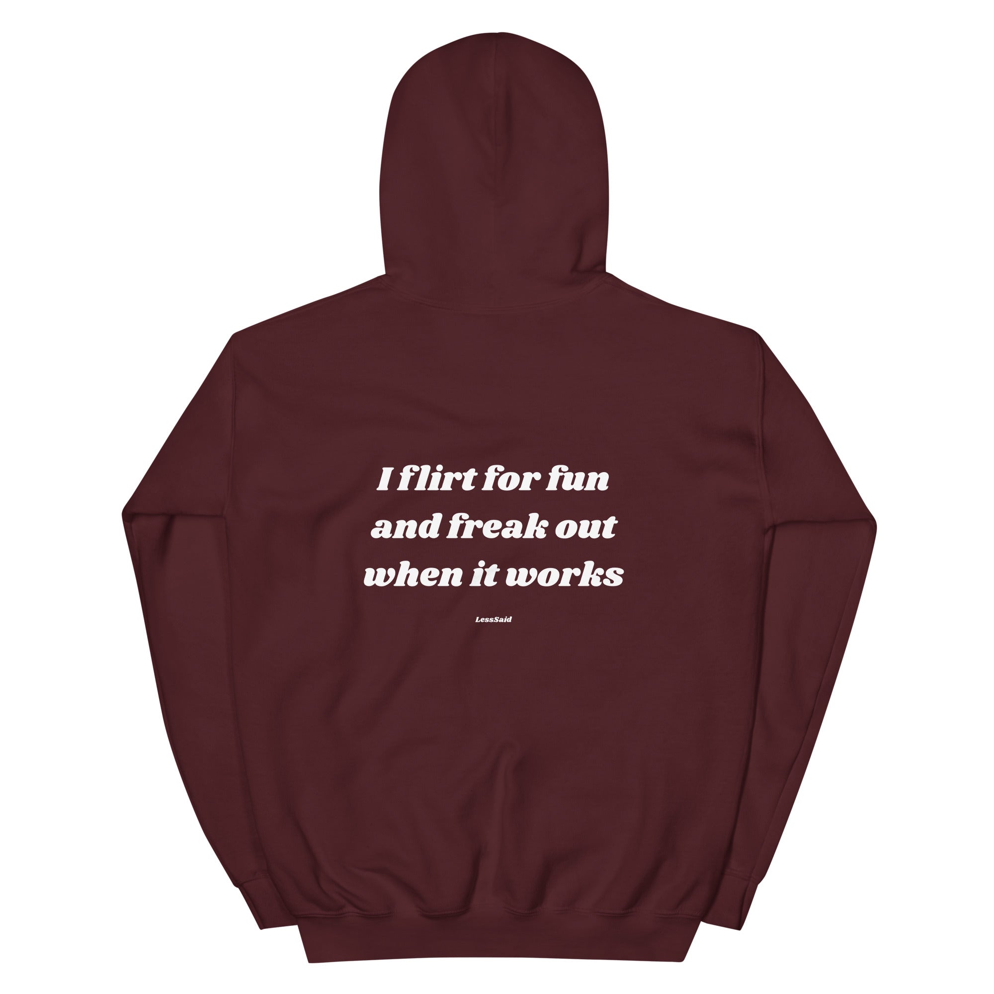 Maroon unisex heavy blend hoodie from LessSaid with "I FLIRT FOR FUN" print on the back, casual and cozy style.