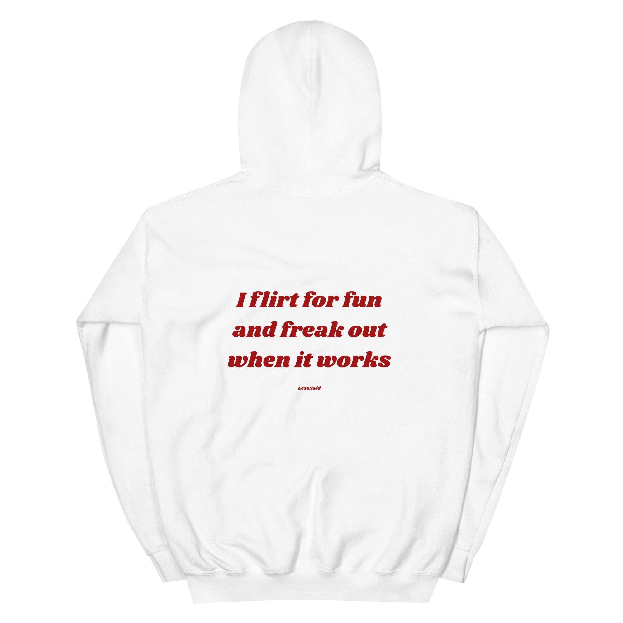 Unisex white I Flirt For Fun hoodie by LessSaid with a back graphic, made of heavy blend fabric for casual comfort.