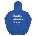 Royal blue unisex hoodie with "Eat, Drive, Marry" text and LessSaid logo on the back, made of heavy-blend fabric.