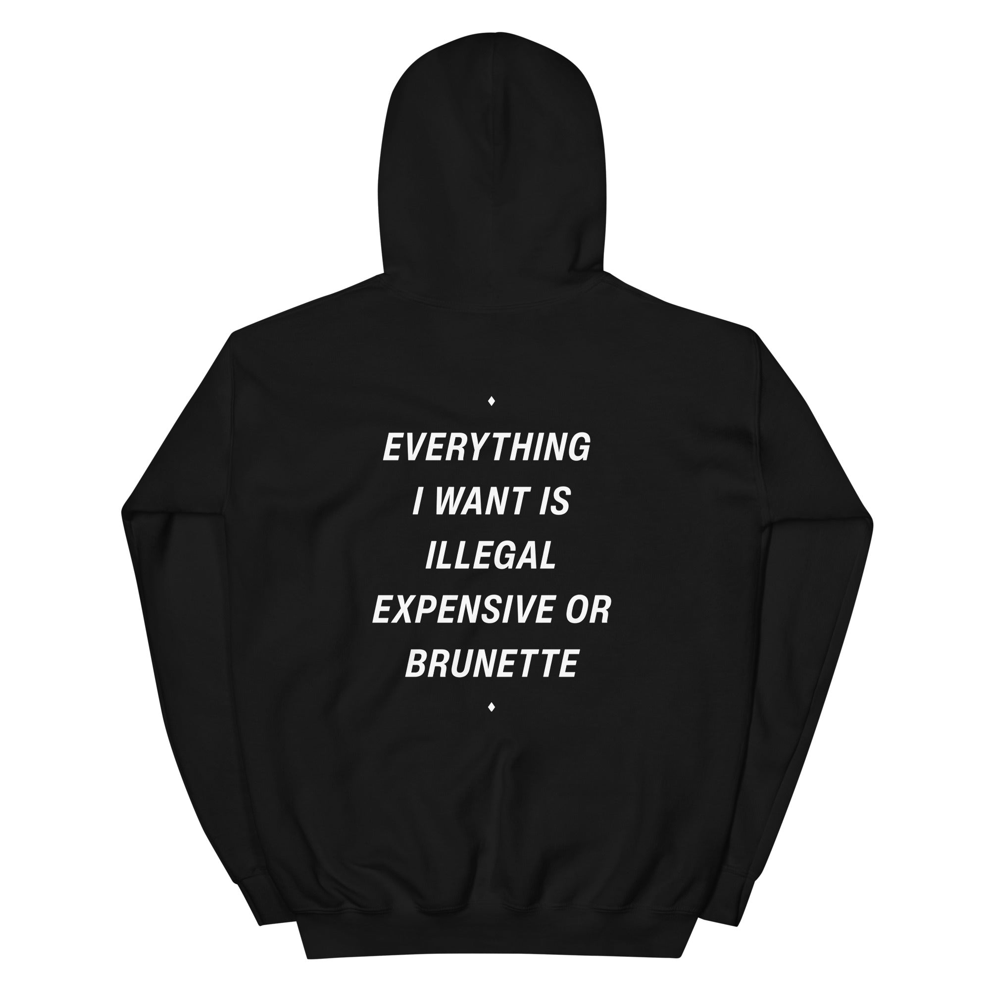 Black unisex hoodie from LessSaid featuring the "Everything I Want Is Illegal, Expensive or Brunette" design on the back.