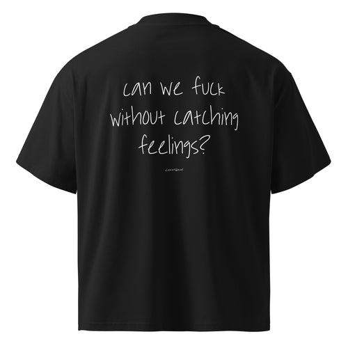 Unisex black oversized organic high-neck T-shirt with bold "CAN WE F**K?" slogan on the back by LessSaid.