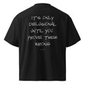 Unisex black oversized organic cotton t-shirt with high neck from LessSaid's Delusional Oversized Tee collection, viewed from the back.