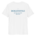 Unisex white organic cotton t-shirt with DOGGYSTYLE print from LessSaid, shown from the back. Comfortable casual wear.