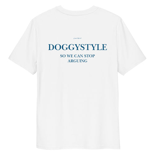 Unisex white organic cotton t-shirt with DOGGYSTYLE print from LessSaid, shown from the back. Comfortable casual wear.