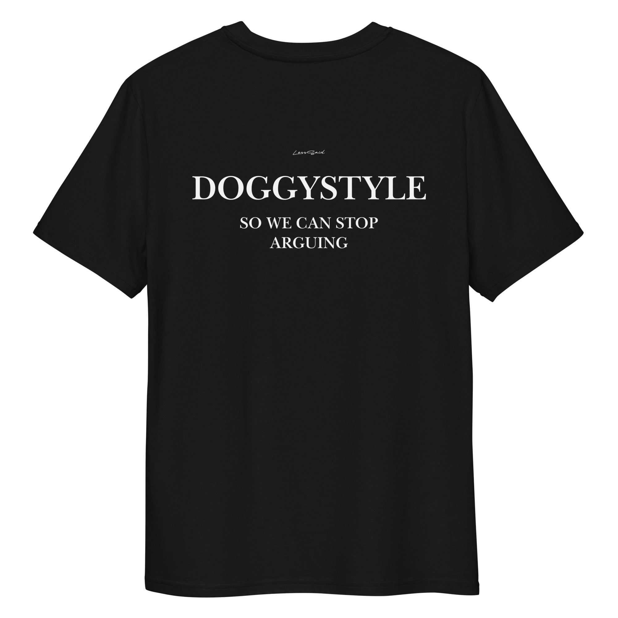 Unisex black organic cotton T-shirt from Doggystyle by LessSaid, showing the back view with a simple design.