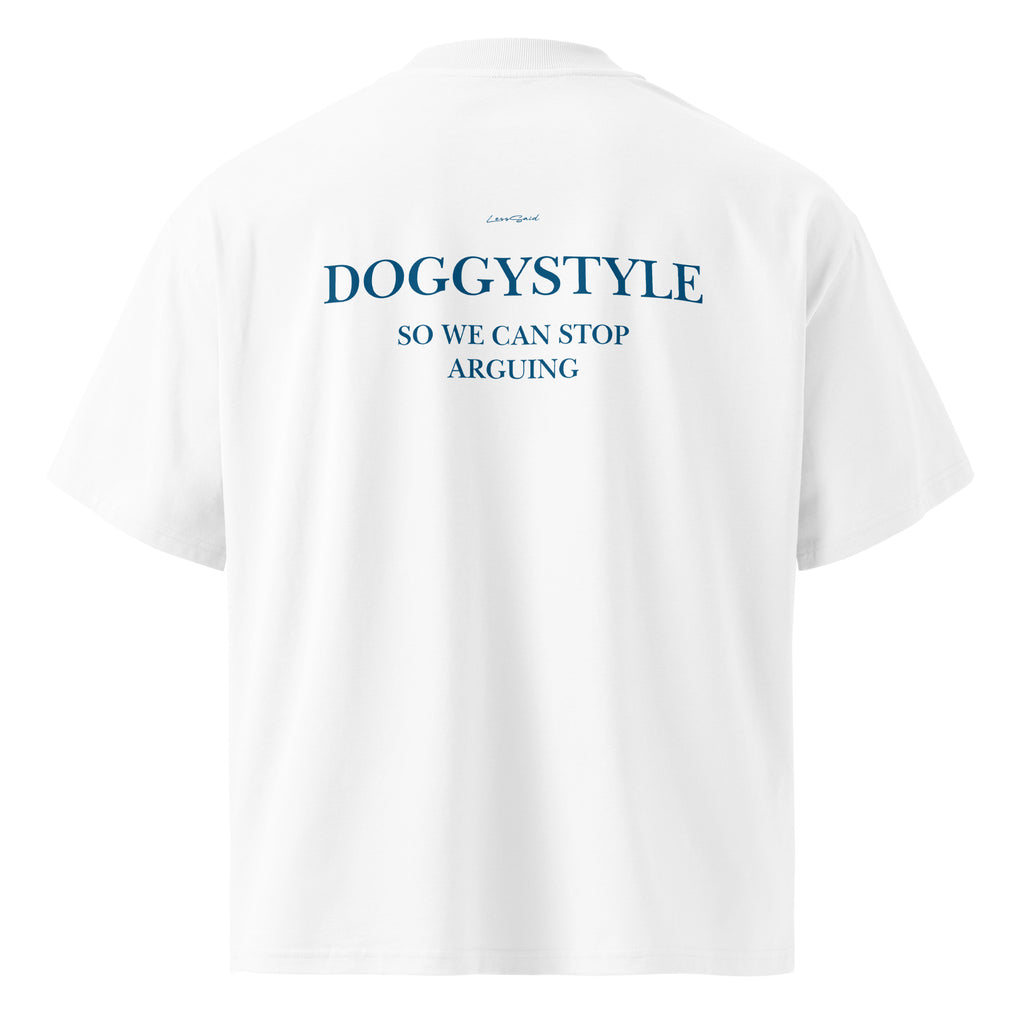 Unisex white oversized organic cotton T-shirt with high neck from LessSaid, shown from the back.