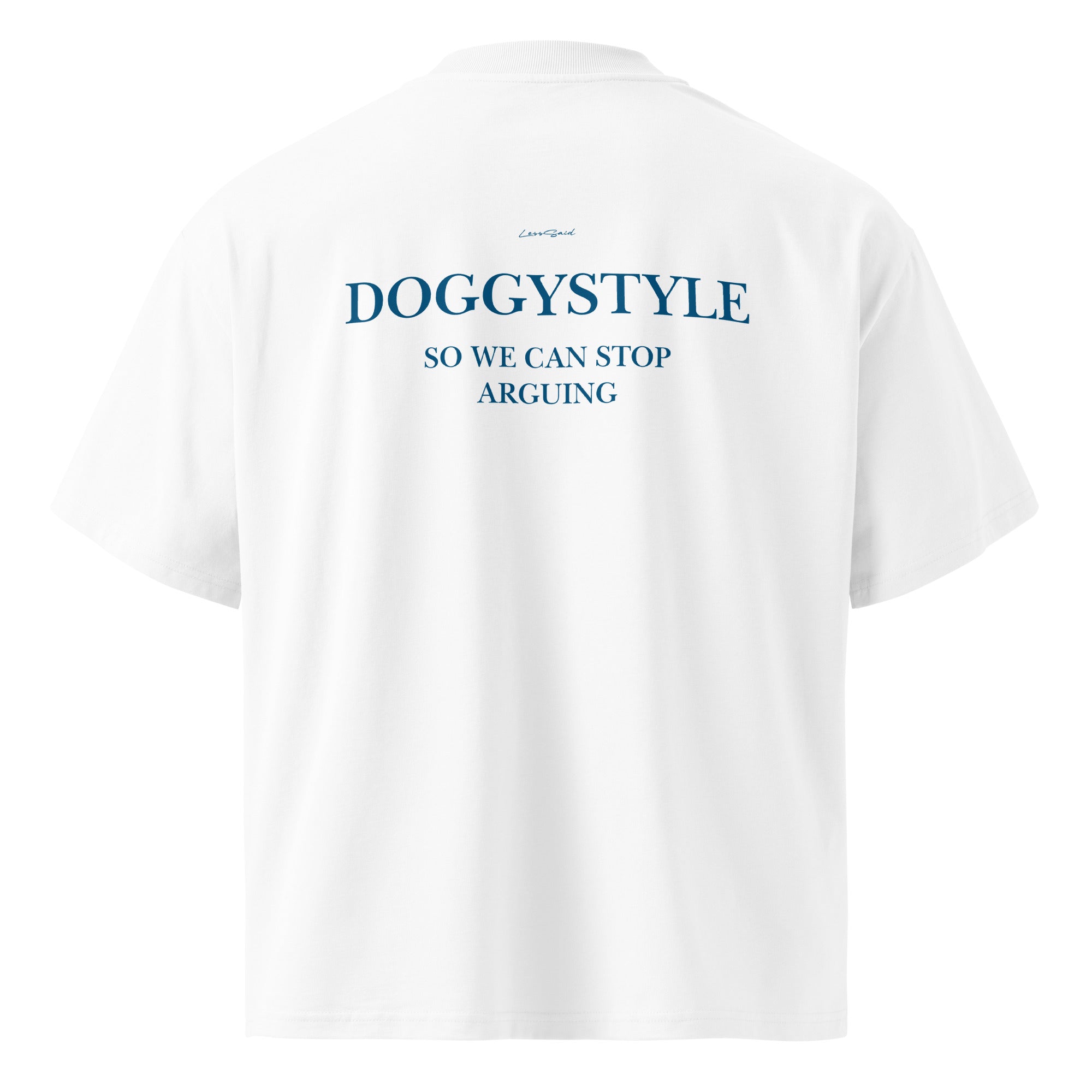 Unisex white oversized organic cotton T-shirt with high neck from LessSaid, shown from the back.