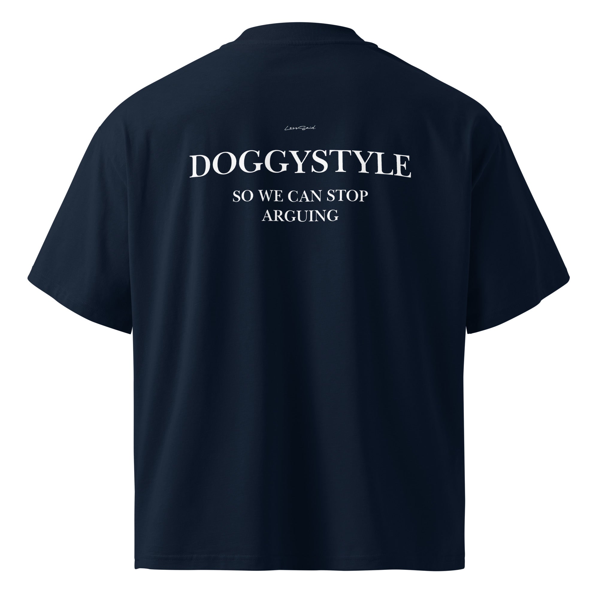 Unisex organic oversized high-neck T-shirt by LessSaid in French navy, featuring a relaxed fit and comfortable design.