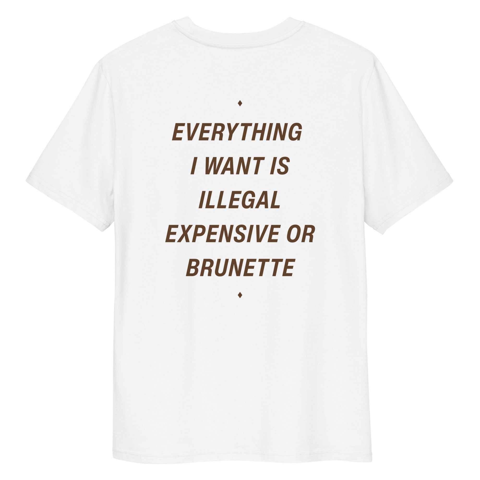 White unisex organic cotton t-shirt with "Everything I Want Is Illegal, Expensive or Brunette" printed on the back, by LessSaid.