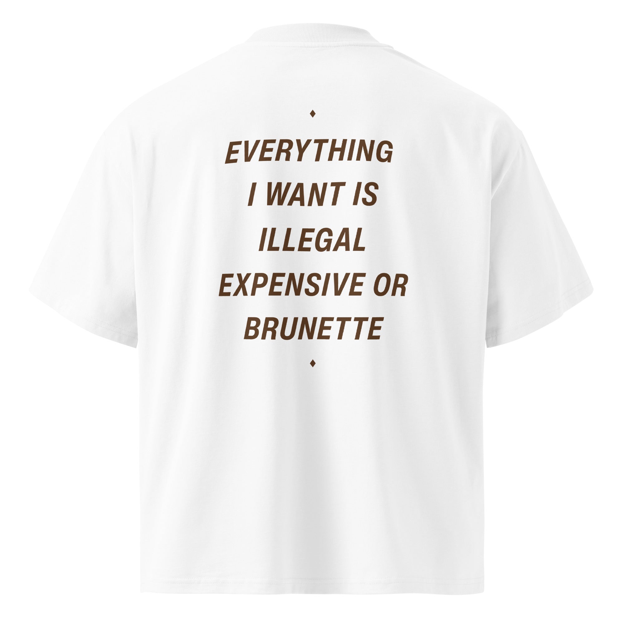 Unisex white oversized high-neck T-shirt from LessSaid with "Everything I Want Is Illegal, Expensive or Brunette" text on the back.
