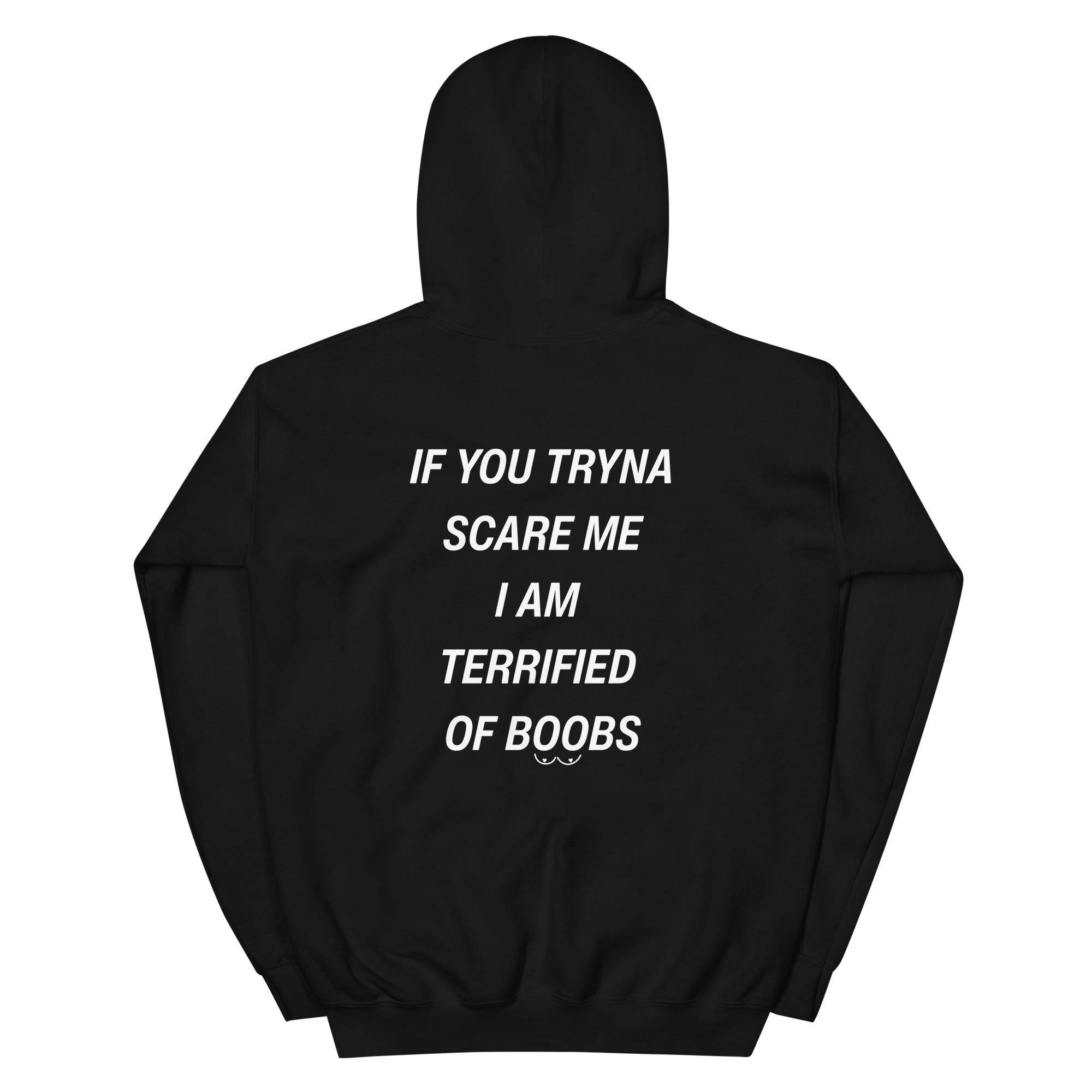 Black unisex hoodie from LessSaid with "I'M TERRIFIED OF BOOBS" text on the back, made of heavy blend fabric.