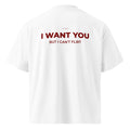Unisex white oversized organic cotton T-shirt from LessSaid with high neck and printed "I WAN'T YOU, BUT I CAN'T FLIRT" message on the back.