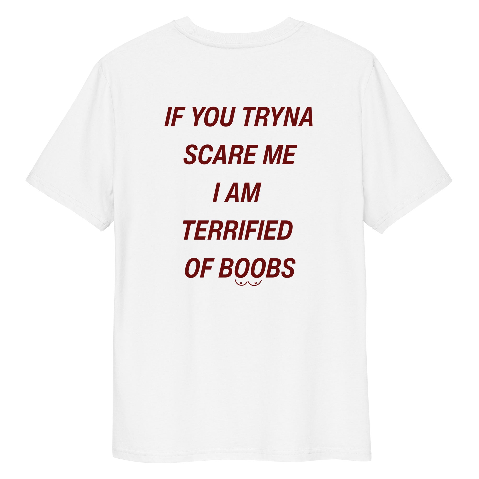 White unisex organic cotton t-shirt featuring the bold "If you tryna scare me, I'm terrified of boobs" print on the front.