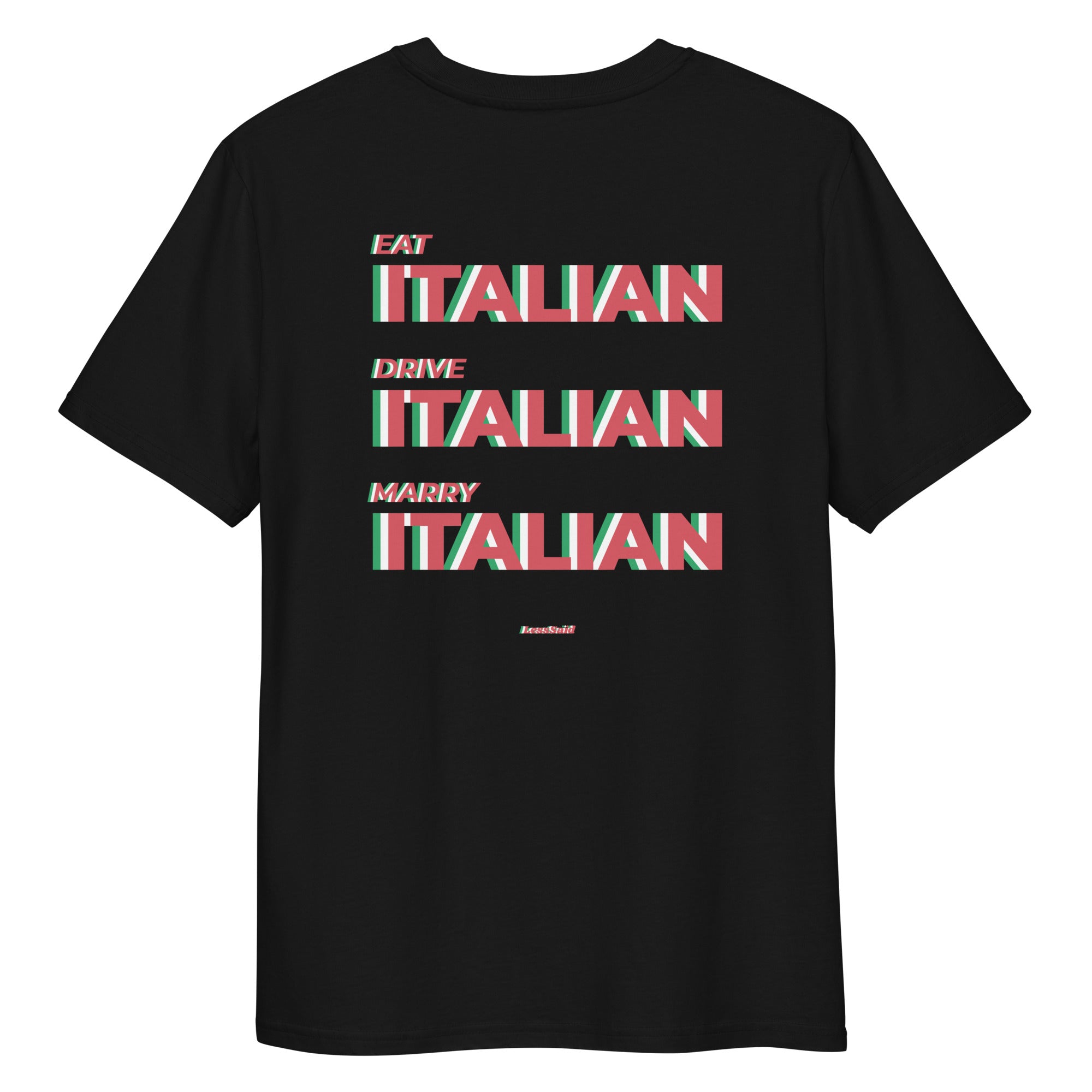 Unisex black organic cotton T-shirt by LessSaid, displayed from the back showing a simple, comfortable fit and smooth fabric.