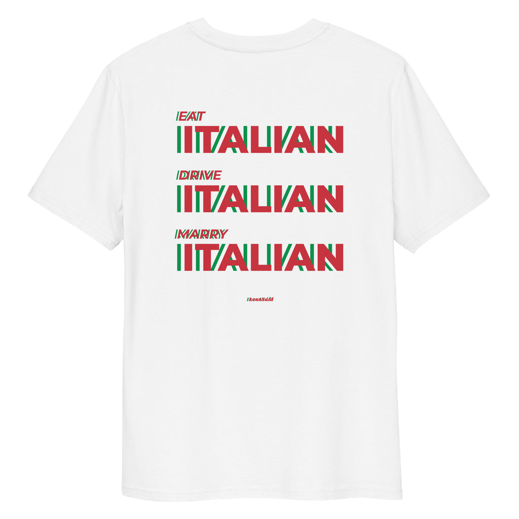 Unisex white organic cotton T-shirt by LessSaid, showing the back view with a clean, simple design.