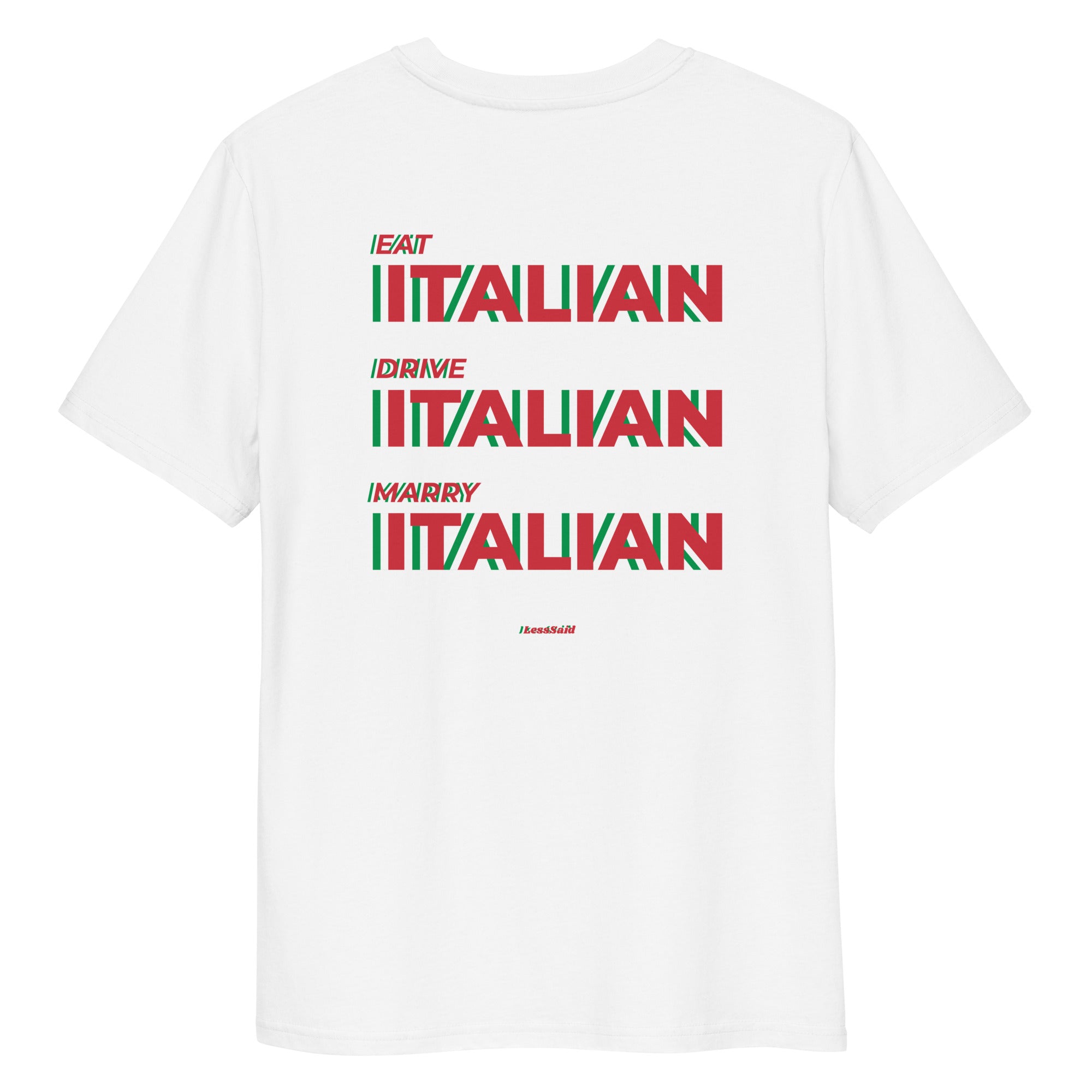 Unisex white organic cotton T-shirt by LessSaid, showing the back view with a clean, simple design.