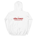 Unisex white hoodie from LessSaid with "Ask Questions Later" design on the back, made of heavy blend fabric for casual wear.