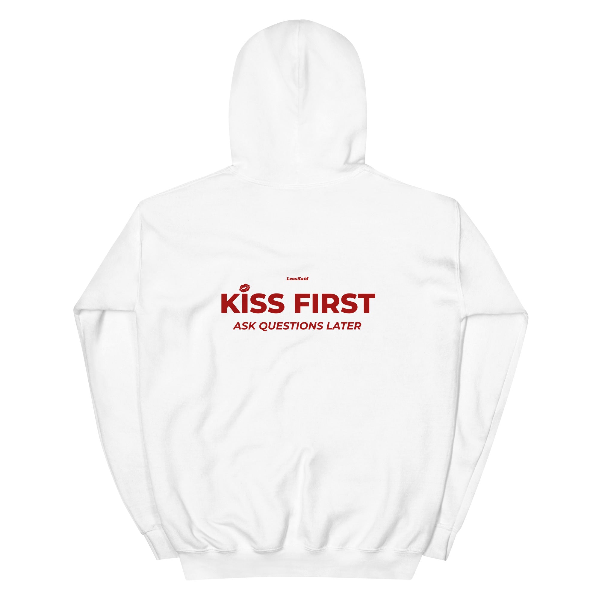 Unisex white hoodie from LessSaid with "Ask Questions Later" design on the back, made of heavy blend fabric for casual wear.