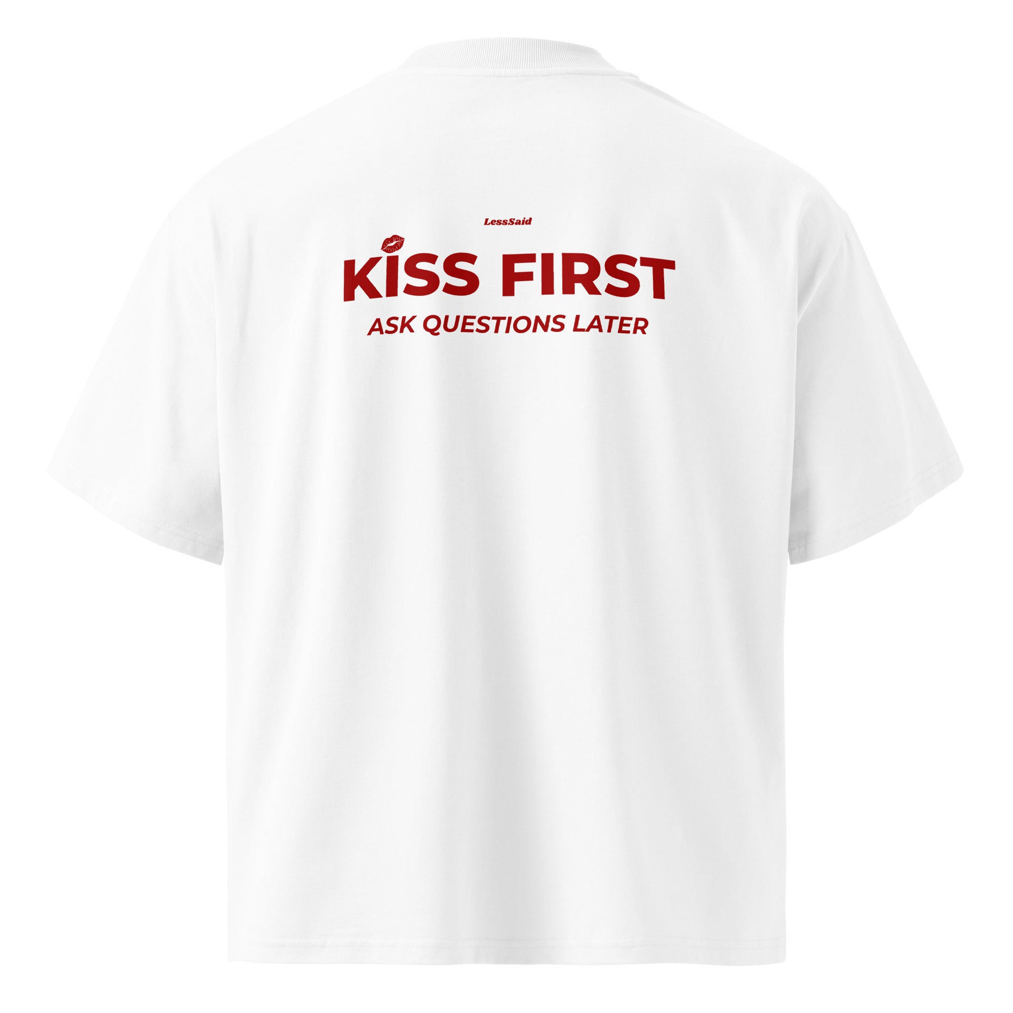 Unisex white oversized organic high-neck T-shirt by LessSaid, featuring a relaxed fit and back design.