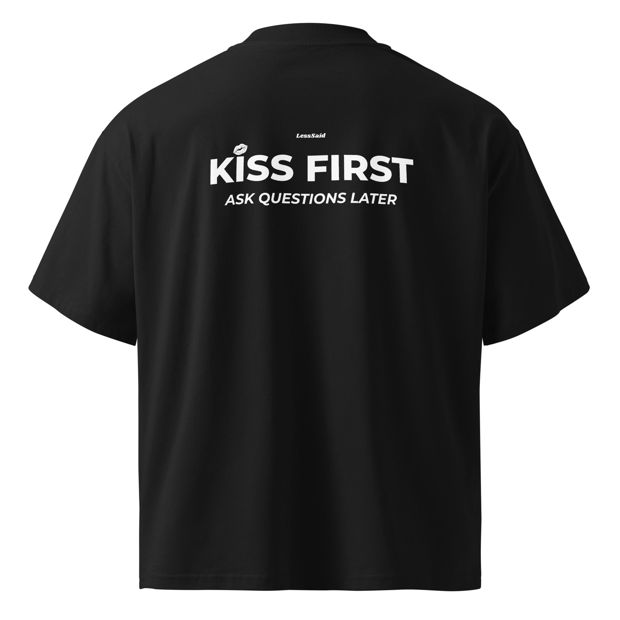 Unisex black oversized organic T-shirt by LessSaid with high neckline, seen from the back, featuring bold graphic print.
