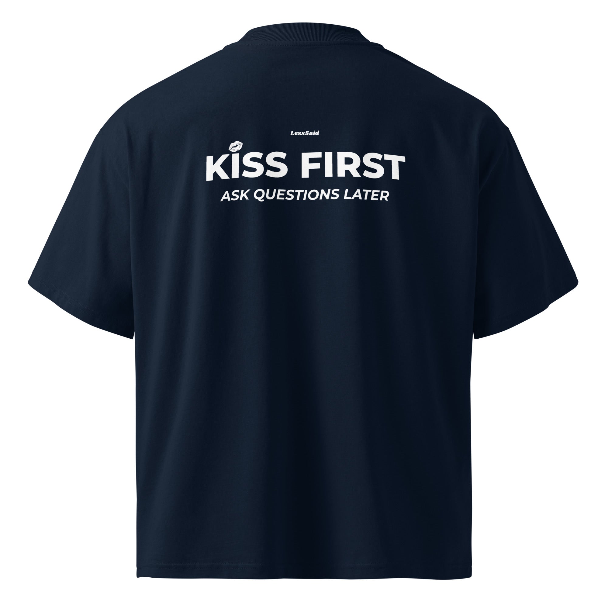 Unisex organic oversized high-neck T-shirt by LessSaid in French navy, featuring a relaxed fit and classic design.