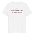 Unisex white organic cotton T-shirt with a Missionary design, featuring a back view of the LessSaid brand.