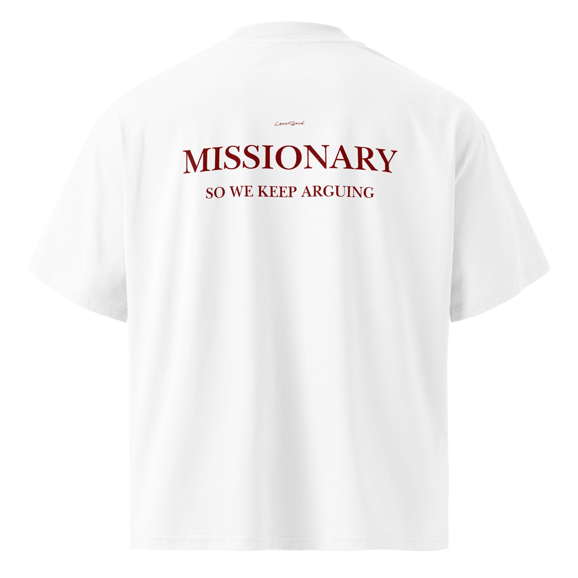 Unisex white oversized high-neck T-shirt by LessSaid, showcasing a relaxed fit and organic cotton fabric from the back view.